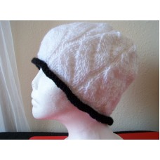 Hand knitted beautiful lacy beanie/hat  snow white with black  trim  eb-81658167